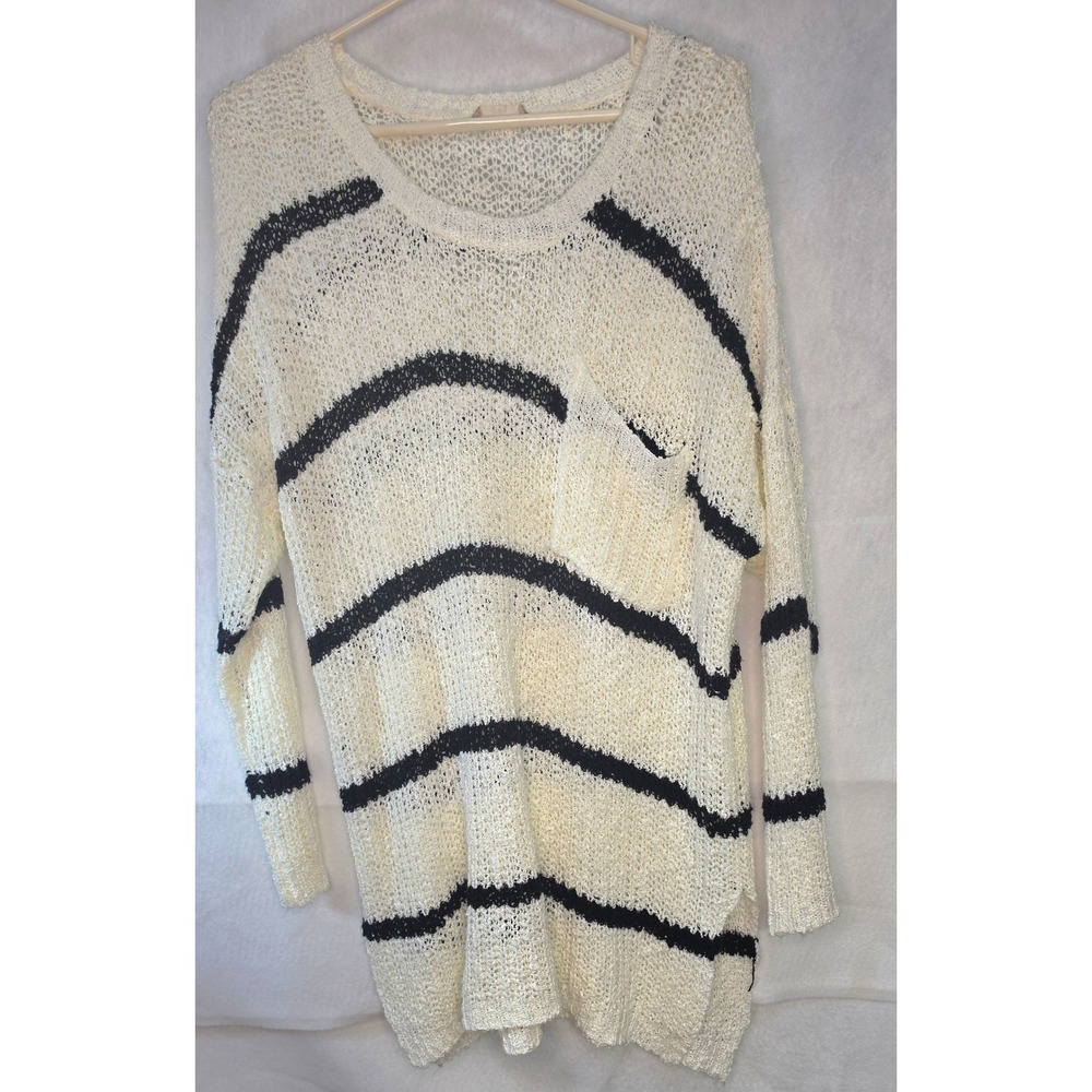 Altar'd State Womens Large Cream Black Striped Open Knit Pocket Sweater Pullover